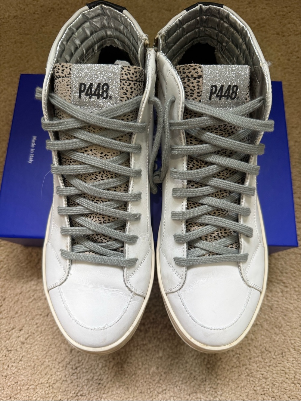 P448 White High-Top Sneakers with Silver Laces and Glitter Tongue